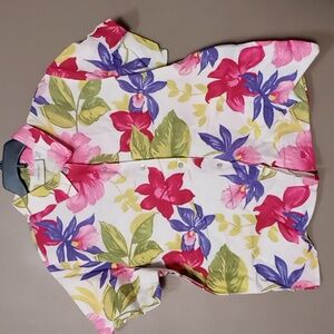 Lemon Grass Bright Tropical Flowered Full Button Blouse XL